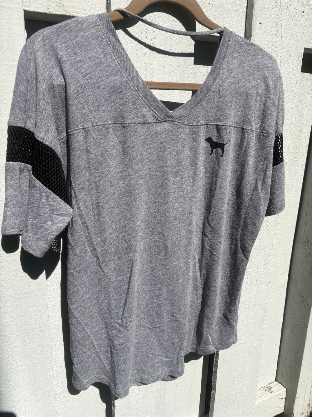 Victoria’s Secret Grey V-Neck Short Sleeve Top with Contrast Mesh Detail